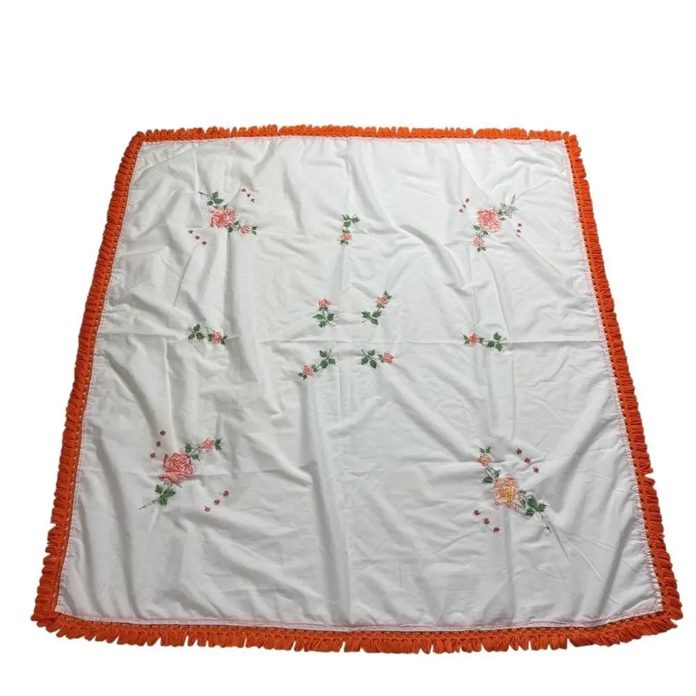 Vintage Hand Embroidered Floral Tablecloth Orange Fringe